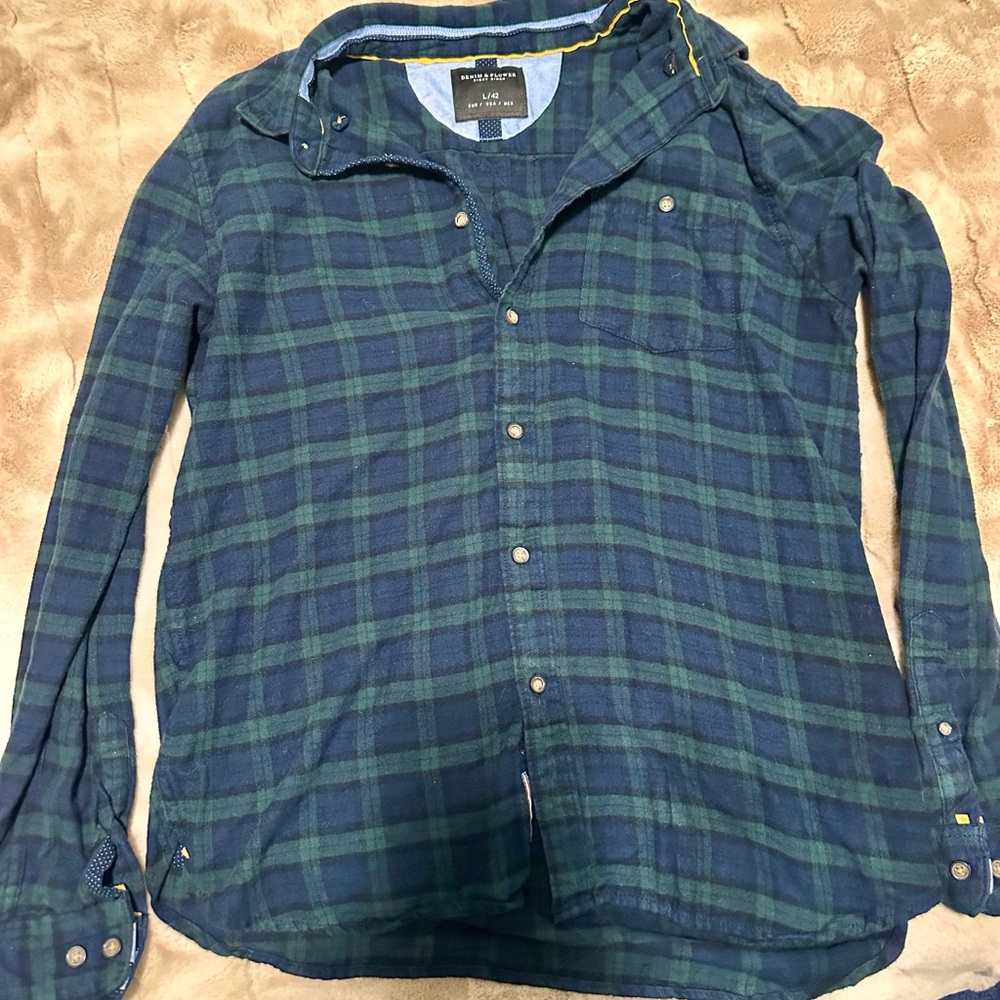 Men’s Denim & Flower Ricky Singh Plaid Long Sleeve Shirt Dark Green Size L 42